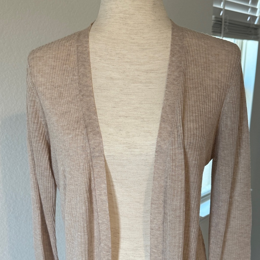 White House Black Market Long Open-Front Cardigan in Light Taupe - Picture 2 of 4